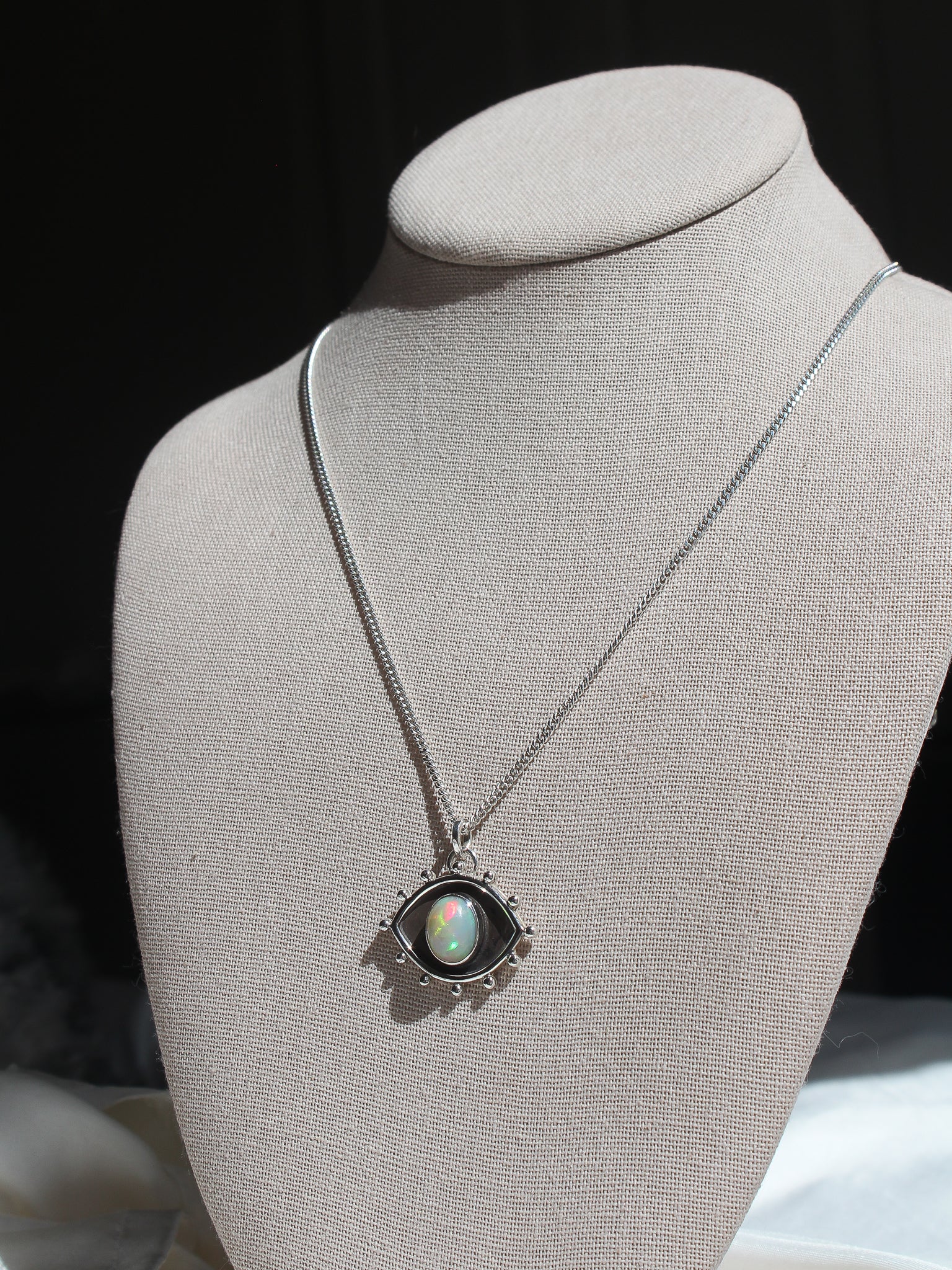 Handmade 925 sterling silver Ethiopian opal set in funky dotted eye shaped setting lily and William jewelry