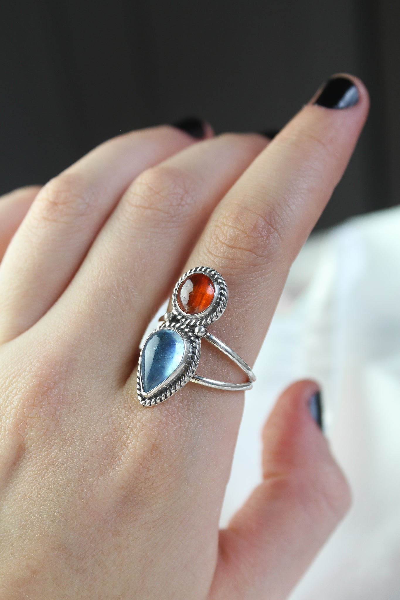 Orange Kyanite & Aquamarine Ring - Size 9.5