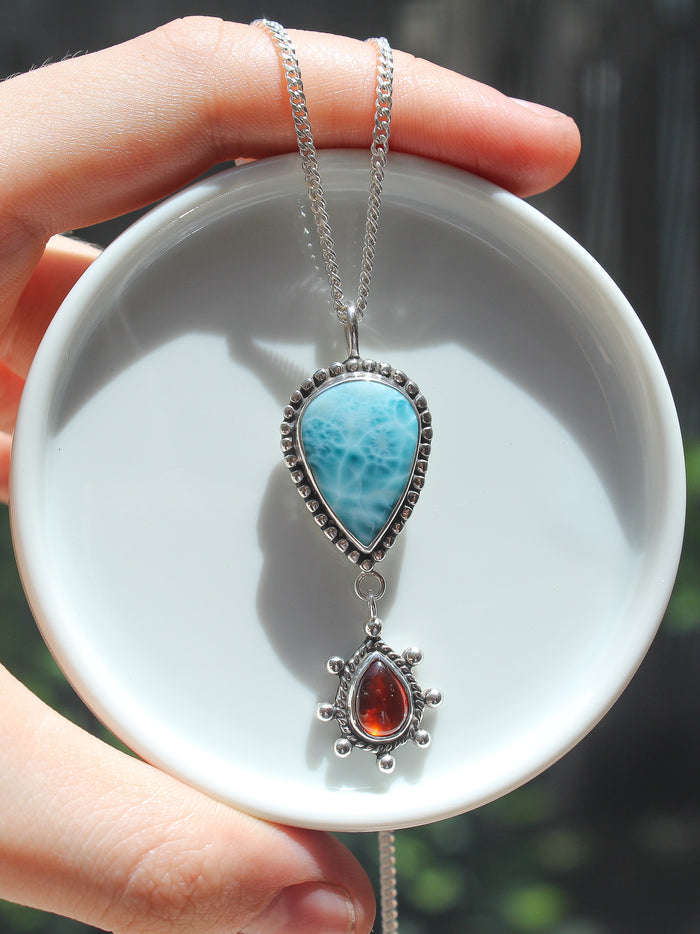 Handmade 925 sterling silver pendant with high quality Larimar and dangly orange kyanite lily and William jewelry