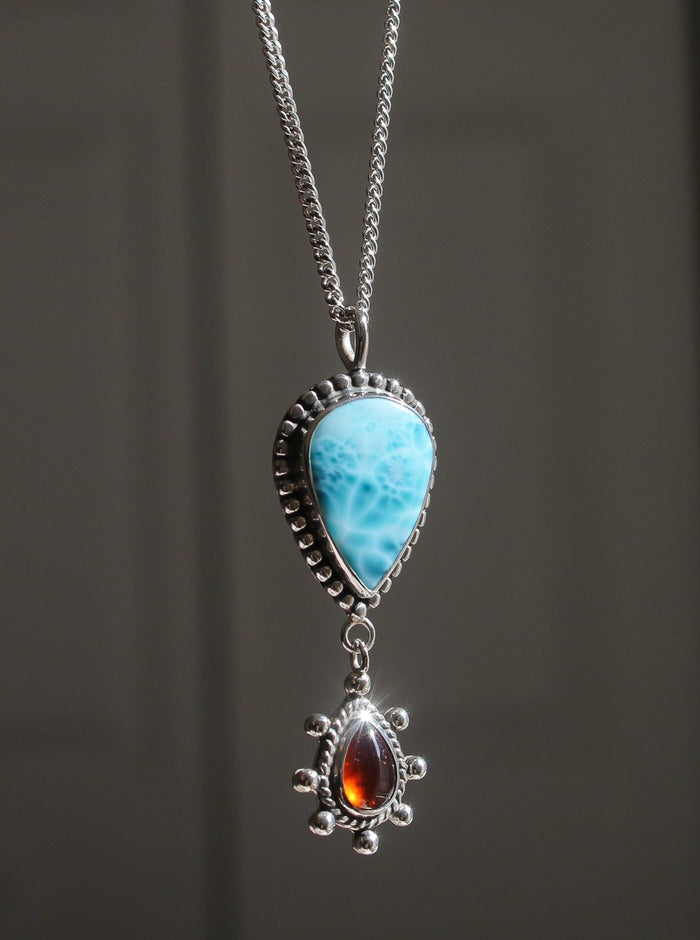 Handmade 925 sterling silver pendant with high quality Larimar and dangly orange kyanite lily and William jewelry