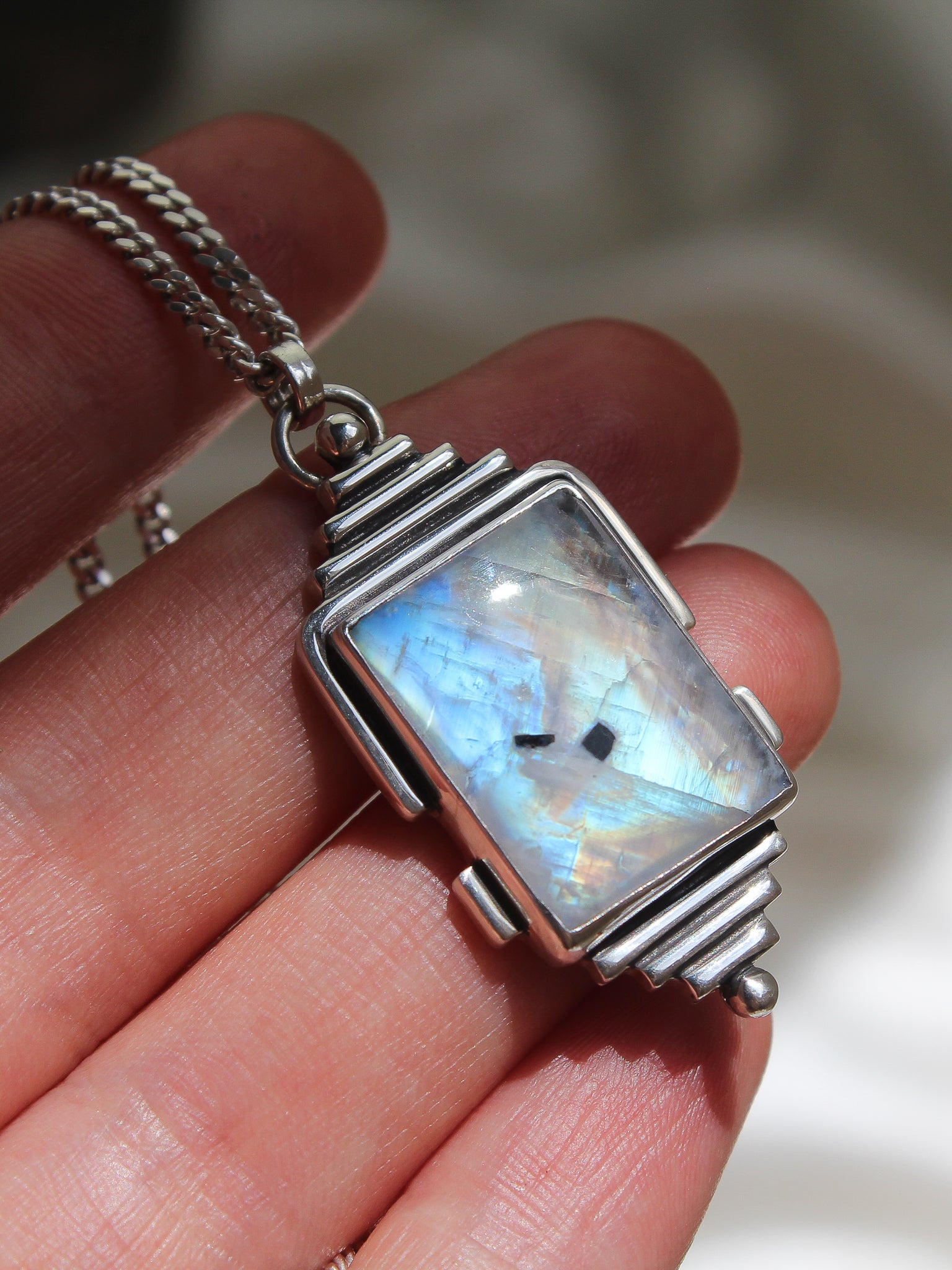 Handmade 925 sterling silver pendant with flashy rainbow moonstone lily and William jewelry