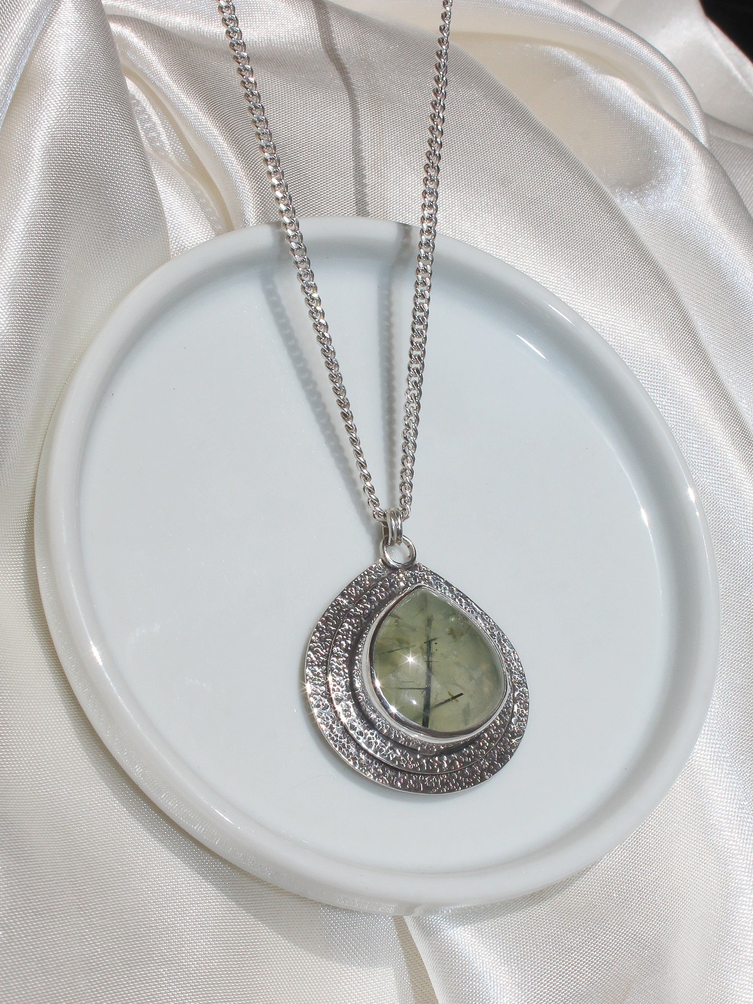 Handmade 925 sterling silver pendant with prehnite stone with black tourmaline inclusions unique handcrafted setting lily and William jewelry 