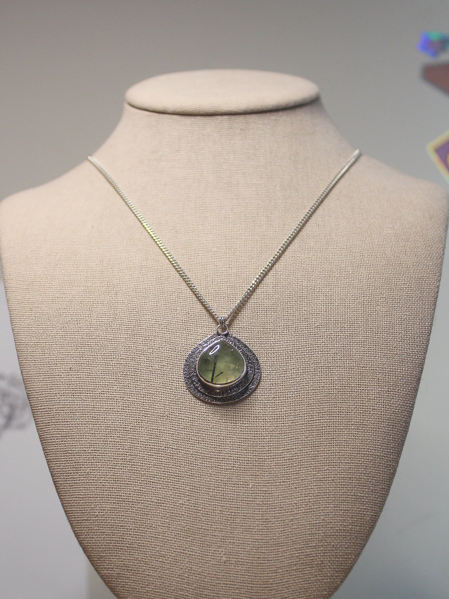 Handmade 925 sterling silver pendant with prehnite stone with black tourmaline inclusions unique handcrafted setting lily and William jewelry 