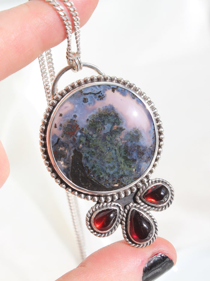 Handmade large 925 sterling silver statement necklace with natural purple moss agate stone and 3 garnets lily and William jewelry