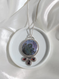 Handmade large 925 sterling silver statement necklace with natural purple moss agate stone and 3 garnets lily and William jewelry