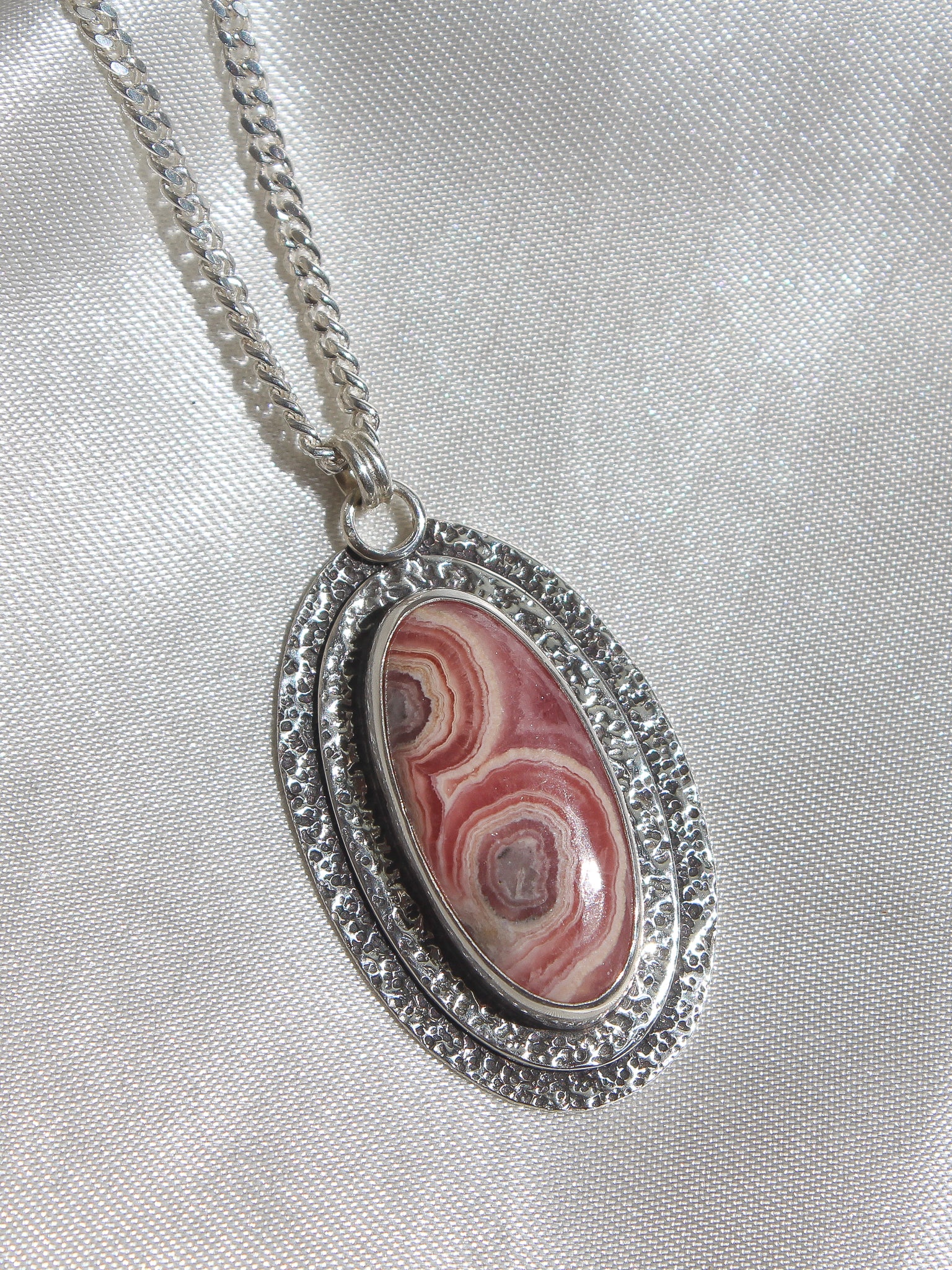 Handmade 925 sterling silver pendant with rhodochrosite stone, textured setting, lily and William jewelry