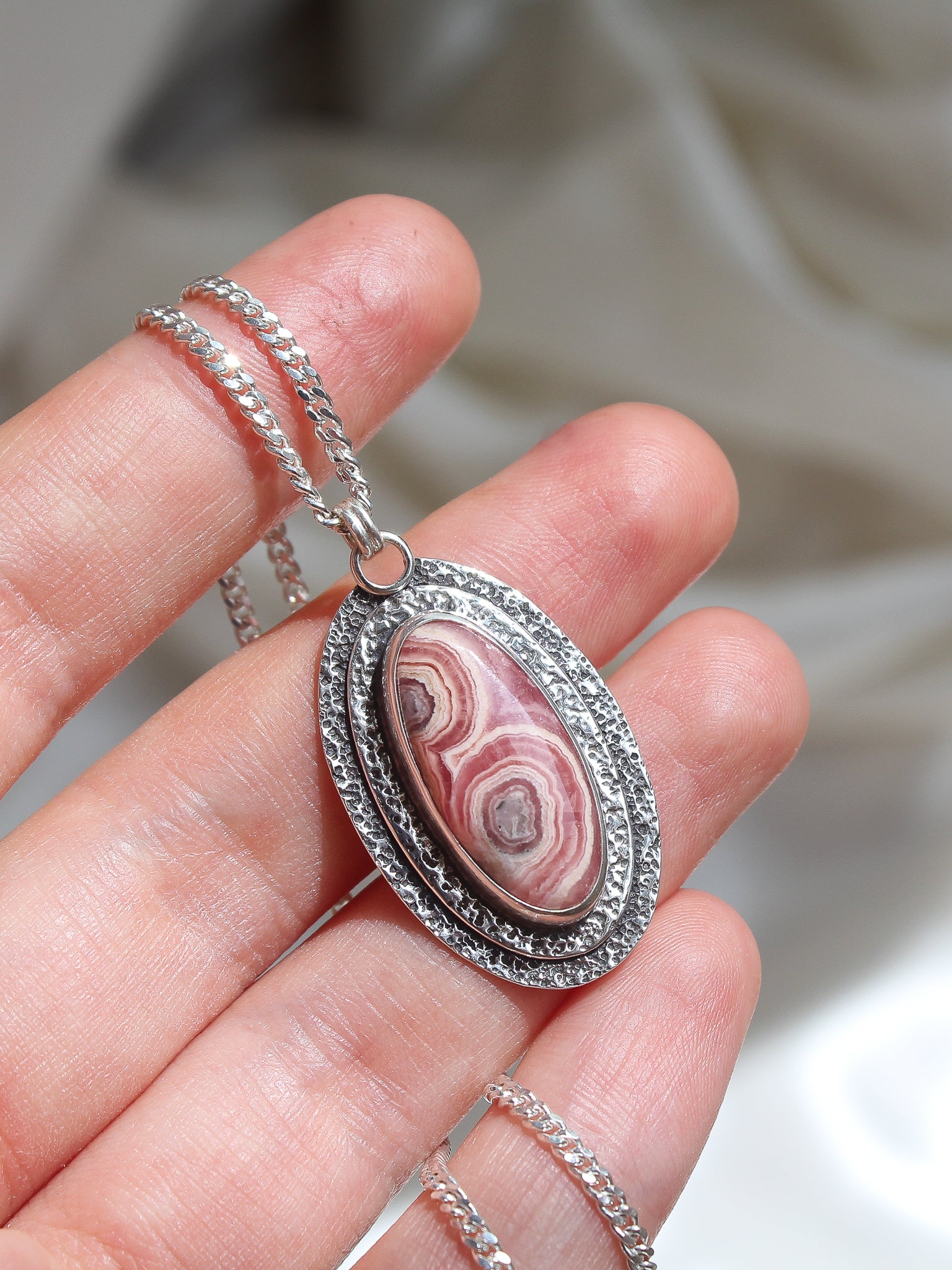 Handmade 925 sterling silver pendant with rhodochrosite stone, textured setting, lily and William jewelry