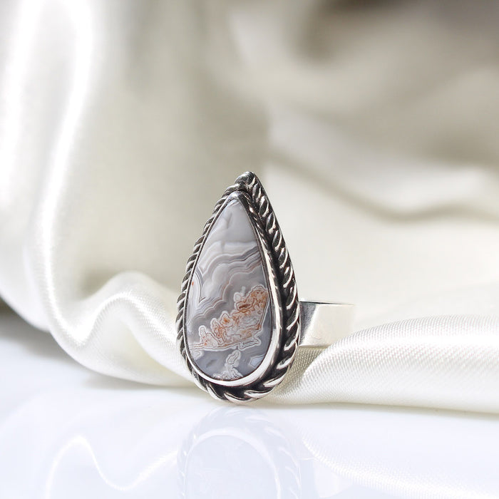handmade 925 sterling silver laguna lace agate ring with twist border