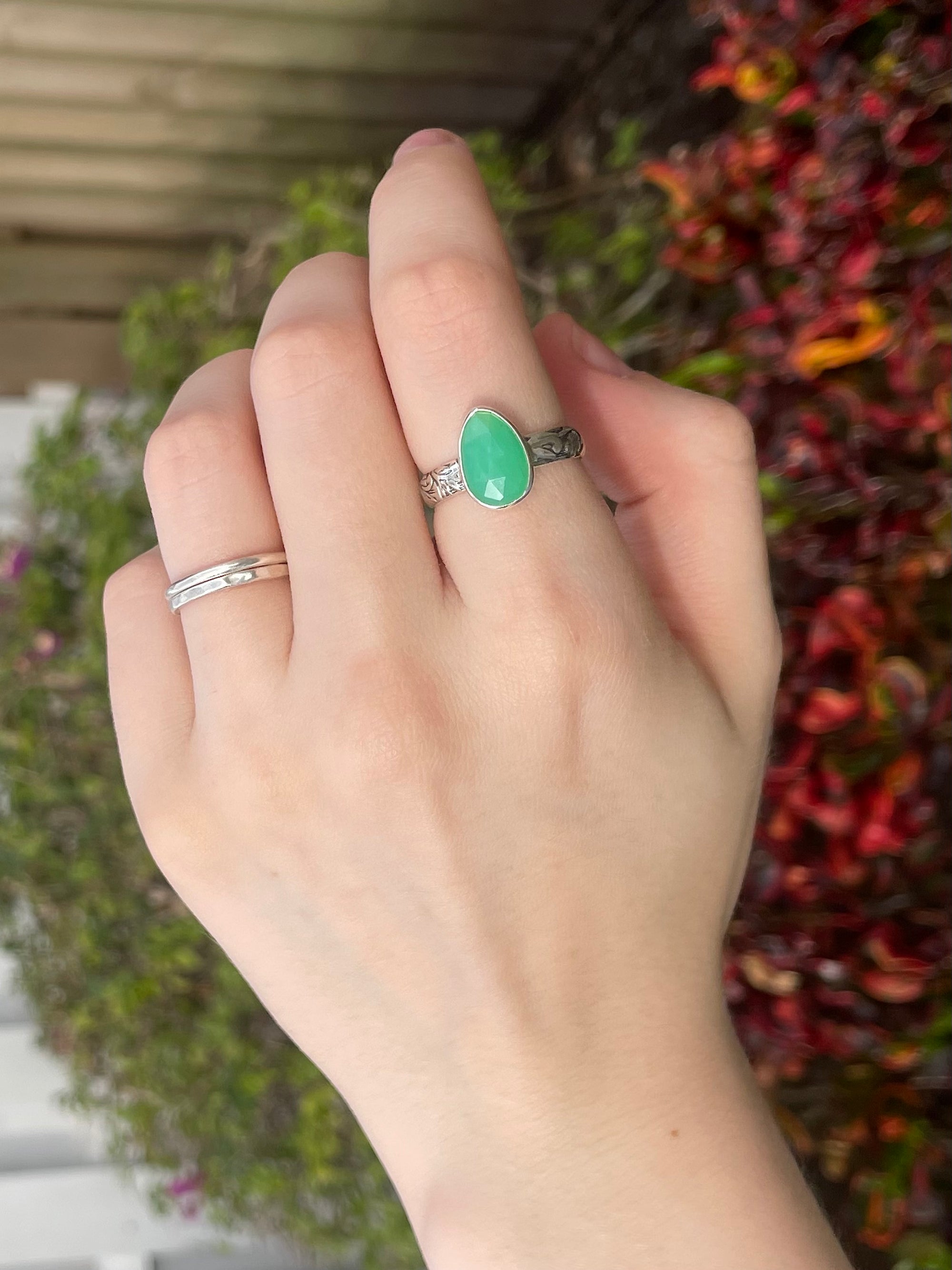 handmade sterling silver faceted chrysoprase stone ring size 8.75