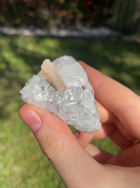 blue chacledony with apophyllite and peach stilbite cluster from Nashik India healing crystal specimens