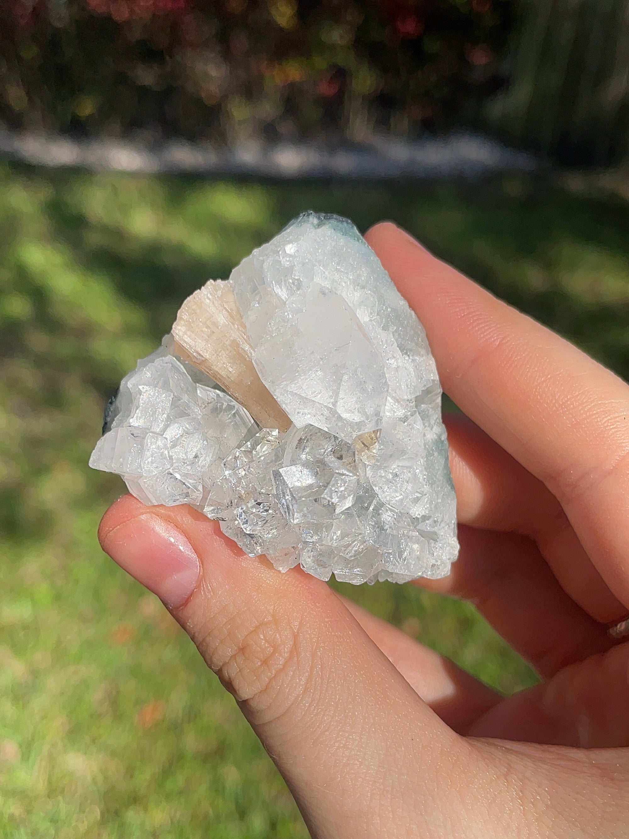 blue chacledony with apophyllite and peach stilbite cluster from Nashik India healing crystal specimens