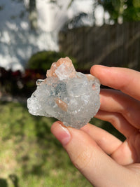 blue chalcedony specimen with peach stilbite and apophyllite from Nashik India healing crystals home decor