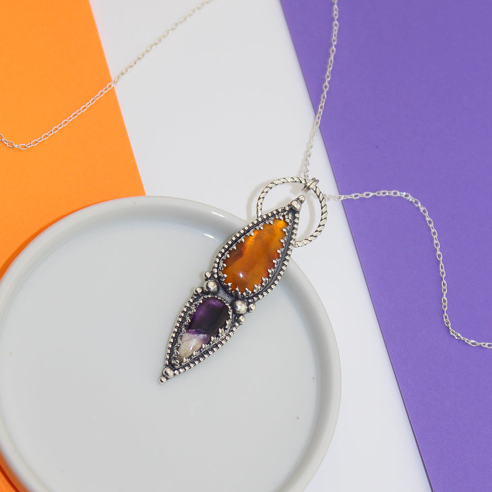 amber and amethyst 925 sterling silver pendant necklace