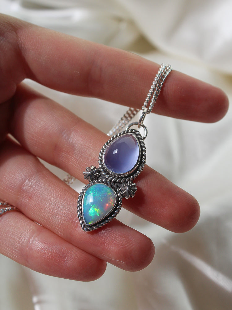 lavender chalcedony and ethiopian opal 925 sterling silver handmade pendant handcrafted necklace