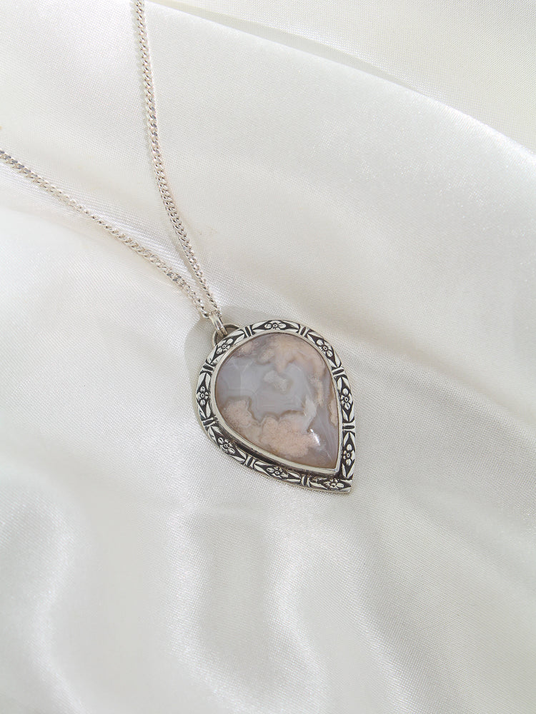 handmade sterling silver pendant necklace with flower agate stone