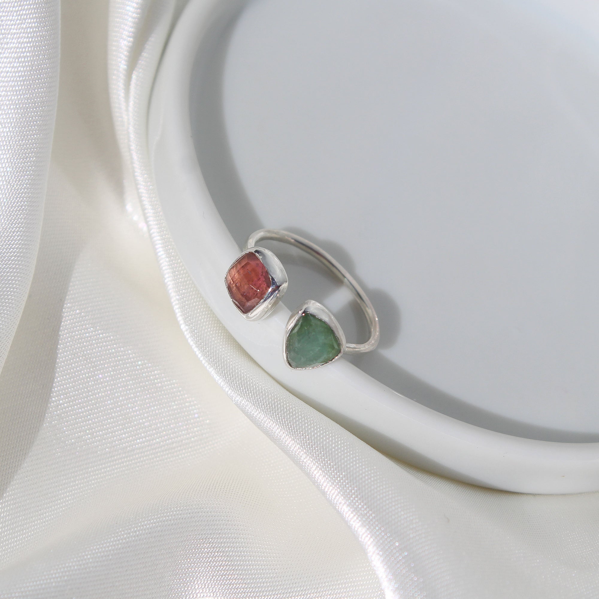 Pink and Green Tourmaline Adjustable Ring - Size 5
