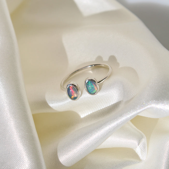 handmade 925 sterling silver adjustable ring with two flashy ethiopian opals