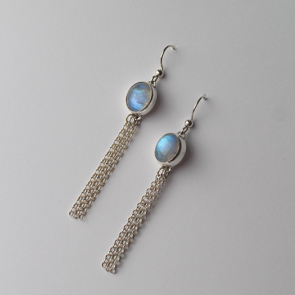 handmade 925 sterling silver rainbow moonstone dangly tassel earrings