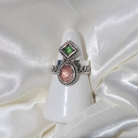 faceted green tourmaline and strawberry quartz 925 sterling silver fancy statement ring