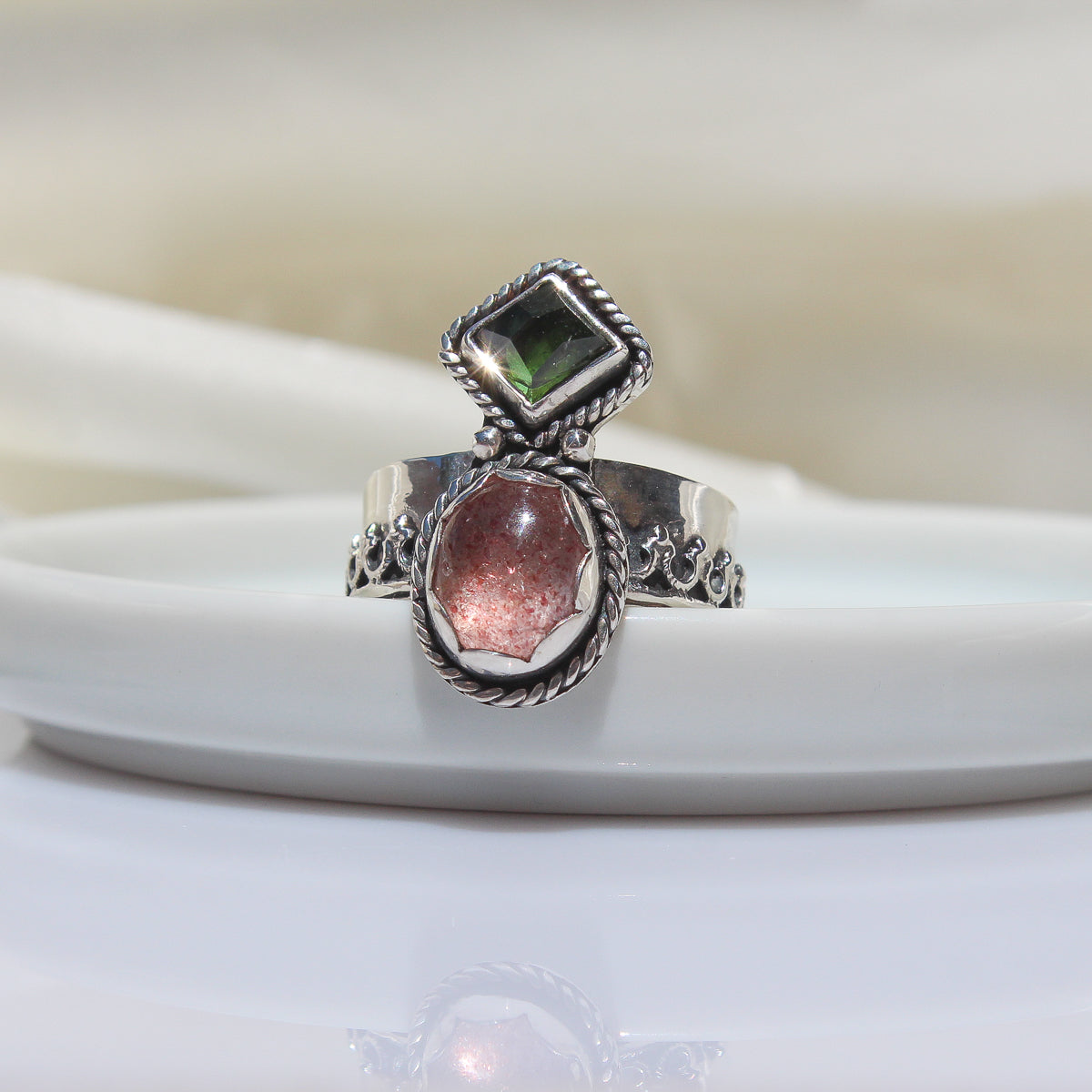faceted green tourmaline and strawberry quartz 925 sterling silver fancy statement ring