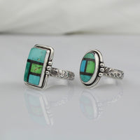 handmade oval shaped 925 sterling silver turquoise intarsia ring size 7