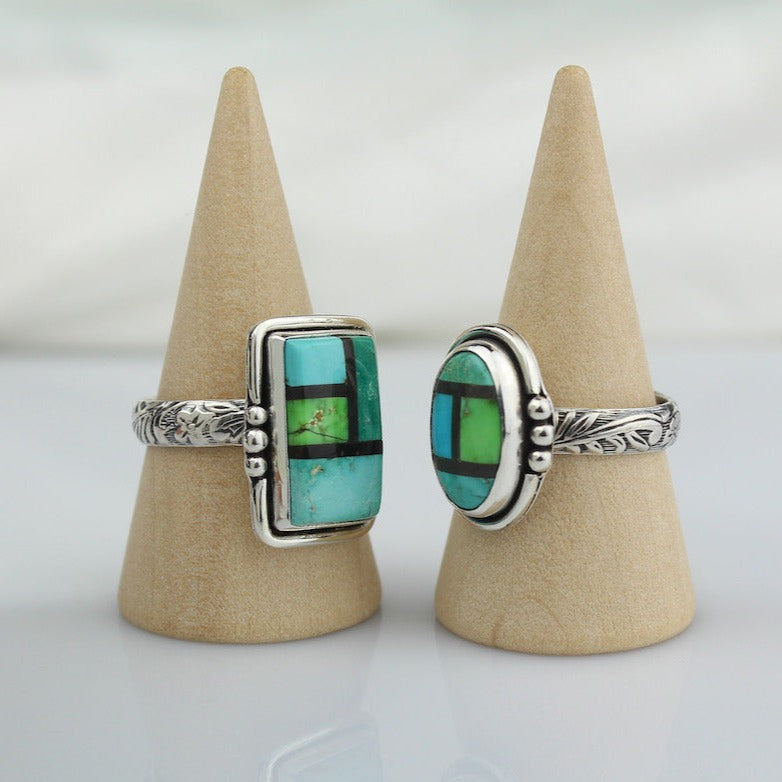 handmade square shaped 925 sterling silver turquoise intarsia ring