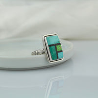 handmade square shaped 925 sterling silver turquoise intarsia ring