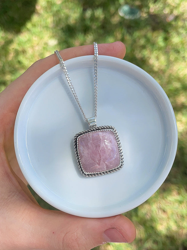 handmade square pink kunzite stone set in sterling silver pendant necklace