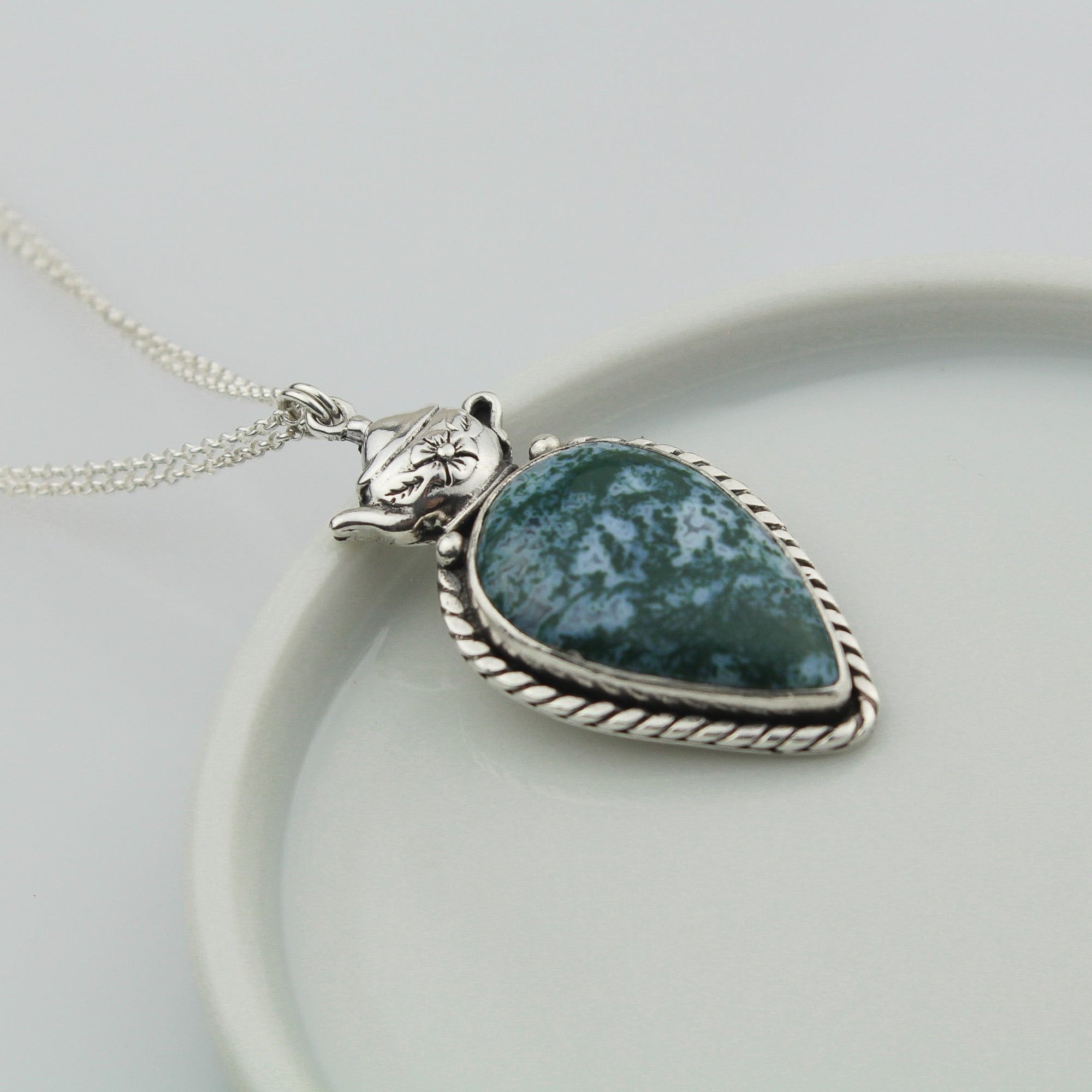handmade necklace 925 sterling silver pendant, moss agate stone with teapot charm on top