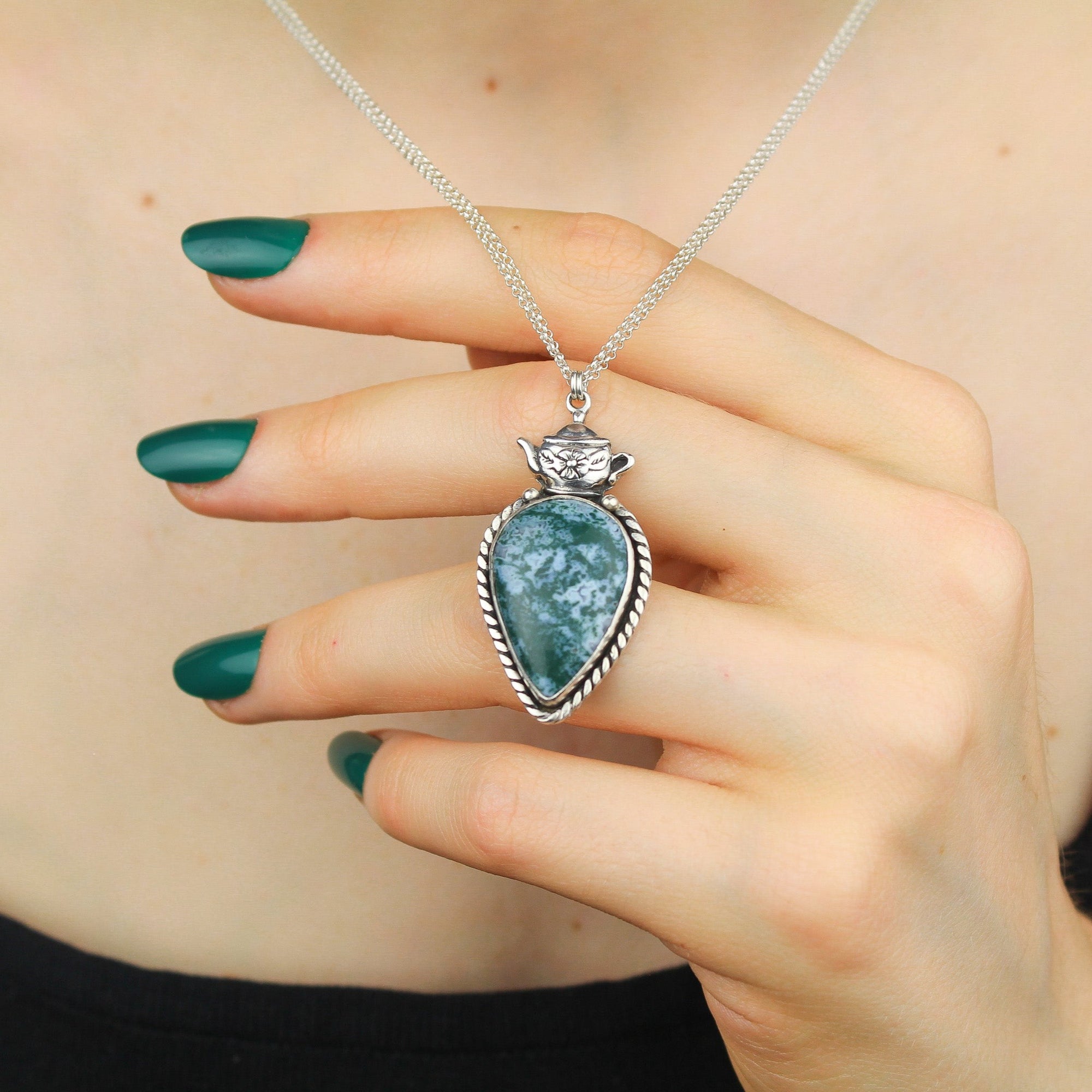 Moss Agate Teapot Necklace