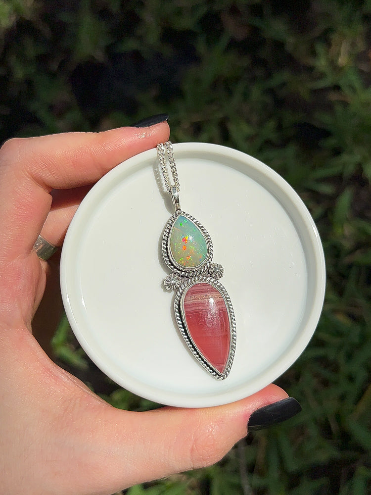 ethiopian opal and rhodochrosite sterling silver handmade necklace