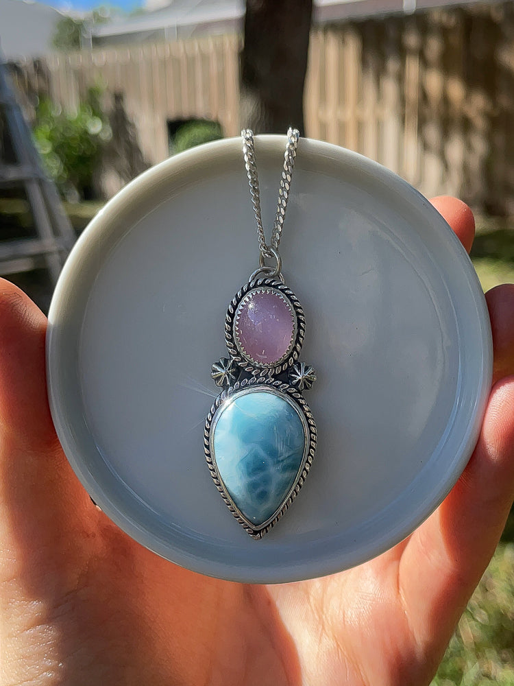 handmade sterling silver pendant talisman lavender chalcedony and larimar necklace