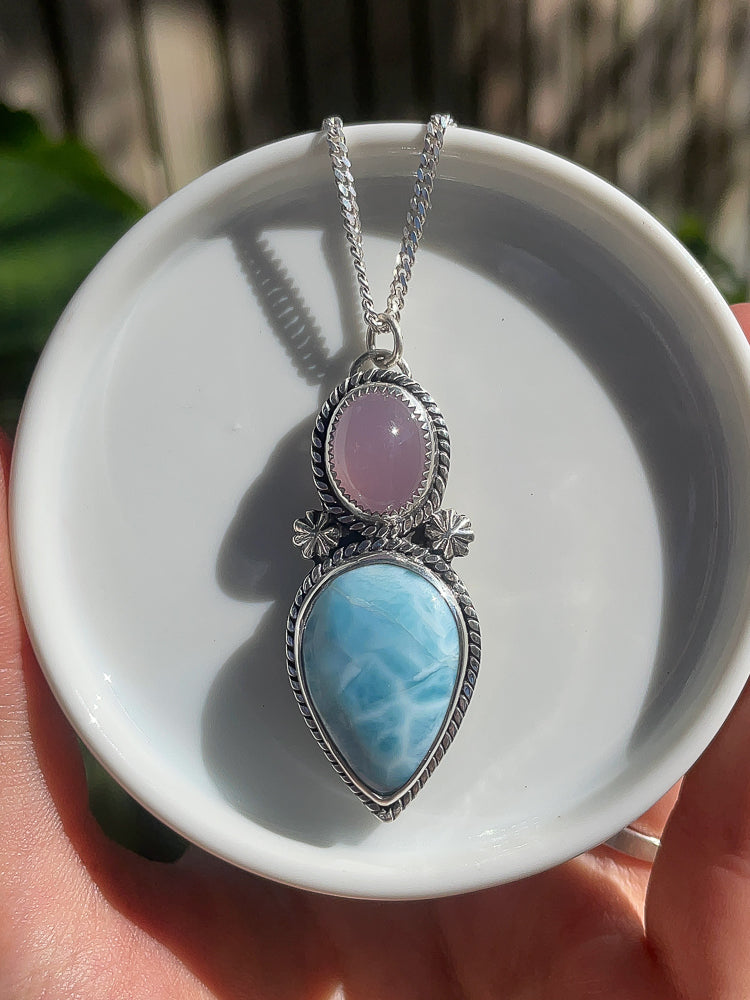 handmade sterling silver pendant talisman lavender chalcedony and larimar necklace