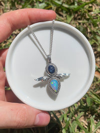 handmade sterling silver star sapphire and ethiopian opal stones set in sterling silver pendant necklace