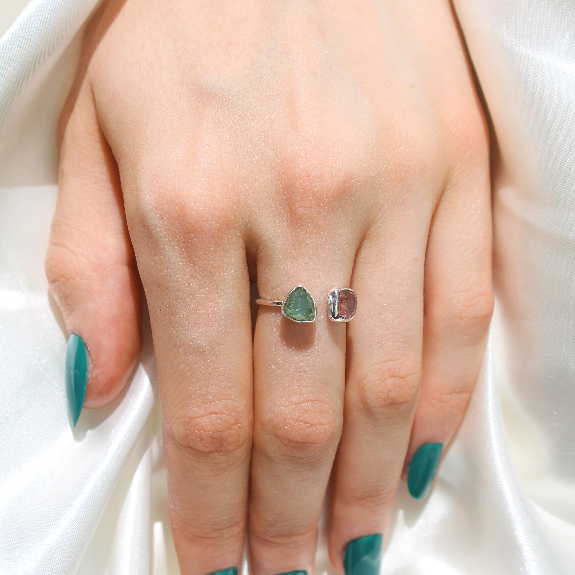 Pink and Green Tourmaline Adjustable Ring - Size 5