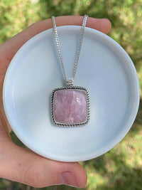 handmade square pink kunzite stone set in sterling silver pendant necklace